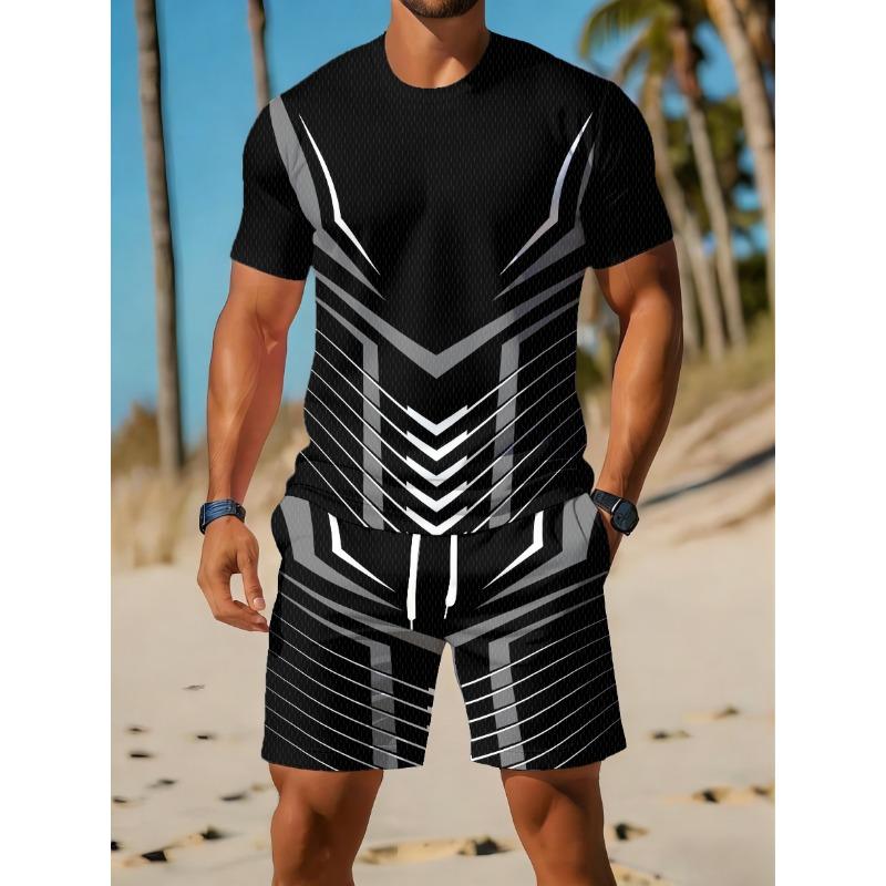Casual Sports Suit, Breathable Outdoor Leisure Men'S Round Neck T-Shirt And Shorts Set, Summer Digital Print Outfit for Adult Men, Plus Size