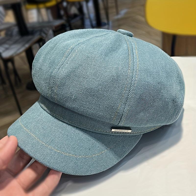Women'S Denim Beret Hat with Metal Tag, Washed Distressed Design, Sun Protection, Inelastic, Stripe Craftsmanship, Versatile for Spring & Fall Outings