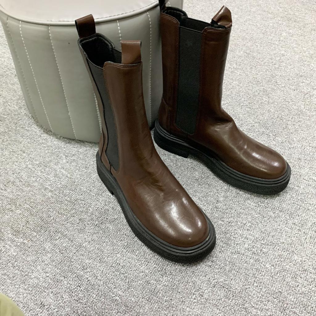 Spot Second Hair! Fashion Versatile New Washed Shrinkage Horse Leather Thick-soled Chelsea Short Boots Women's Cigarette Boots Autumn and Winter