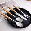 Creative Bamboo Handle Stainless Steel Cutlery Set: Round Spoon, Pointed Spoon, Fork, Knife, Chopsticks - Perfect for Home or Restaurant Use
