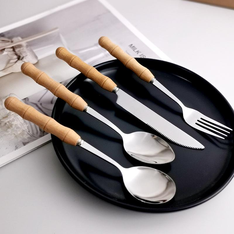 Creative Bamboo Handle Stainless Steel Cutlery Set: Round Spoon, Pointed Spoon, Fork, Knife, Chopsticks - Perfect for Home or Restaurant Use