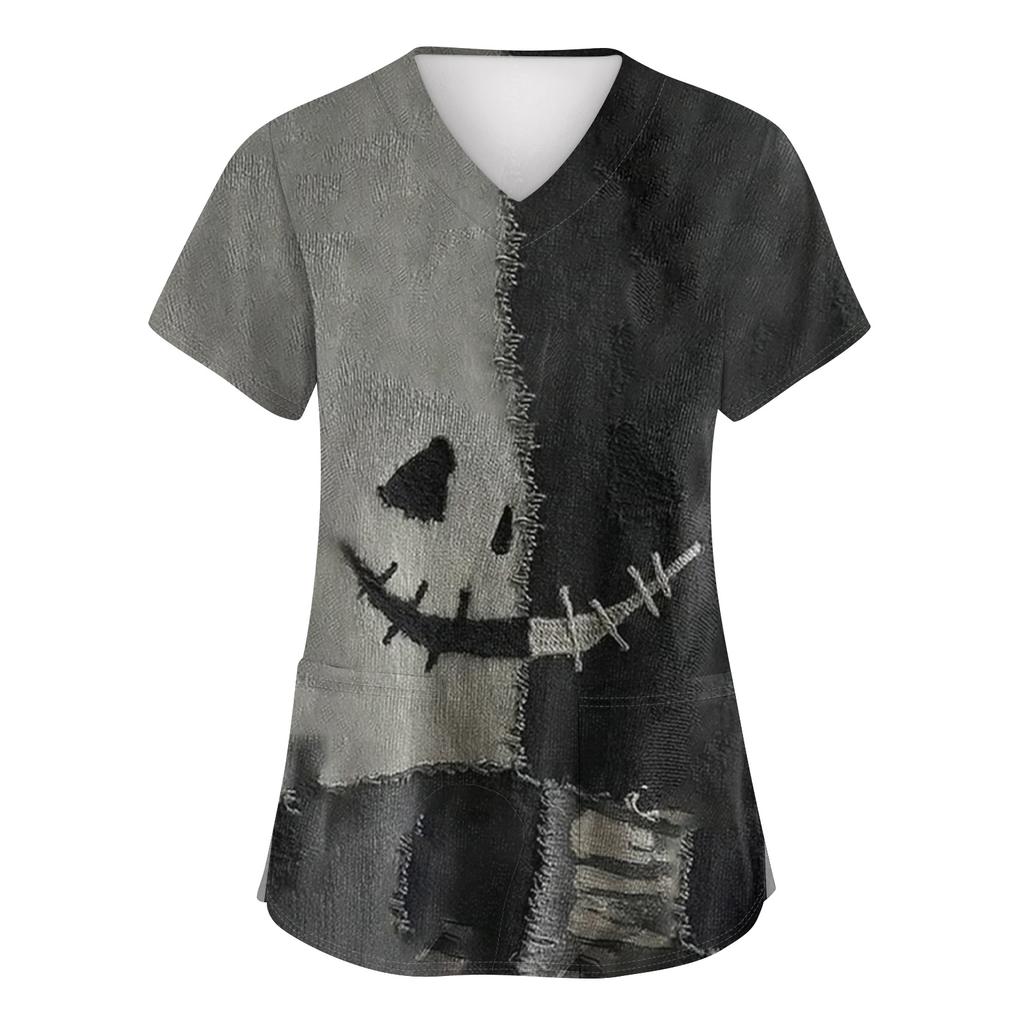 Women's Fashion Short Sleeve Halloween Print V-Neck Pocket Workwear Tops