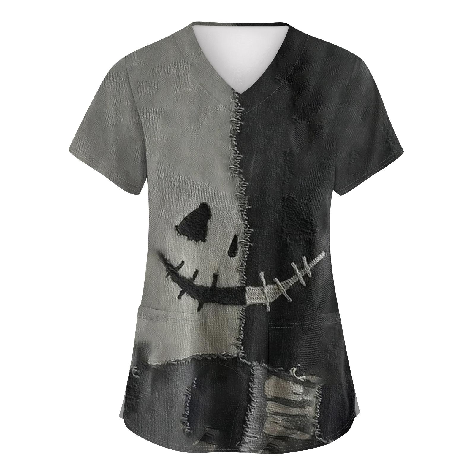 

Женские модные топы с коротким рукавом, принтом на Хэллоуин, V-образным вырезом, карманом, рабочая одежда XXXL