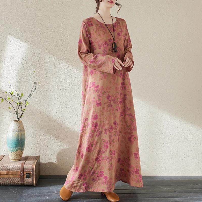 Spring Cotton Vintage Long Sleeve Print Dresses For Women Casual Loose Dress Femme Robe Vestidos Elegant Clothing