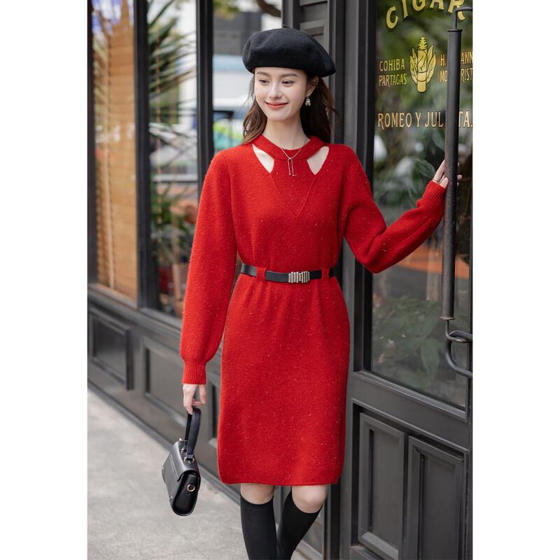 Women's Winter Waist-Cinching Knitted Sweater Dress with Belt