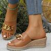 Fashion Metal Decor Pu Leather Summer Slippers Women Fashion Peep Toe Wedge Sandal Ladies Plus Size Solid Color High Heel Slides Mujer