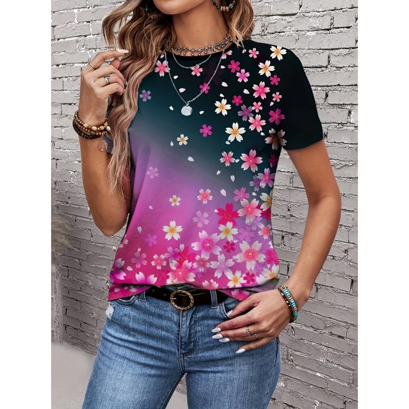 Women's Summer Casual Round Neck Short Sleeve Floral Pattern Top Wear Ladies T-shirt Mother's Day Gift