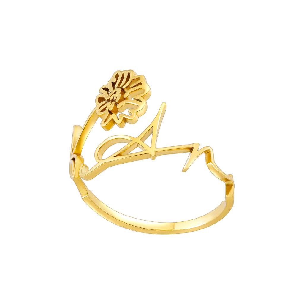 12 Birth Months Flower Stainless Steel Rings for Women Vintage Gold Plated Adjustable Finger Ring Wedding Jewelry Birthday Gift