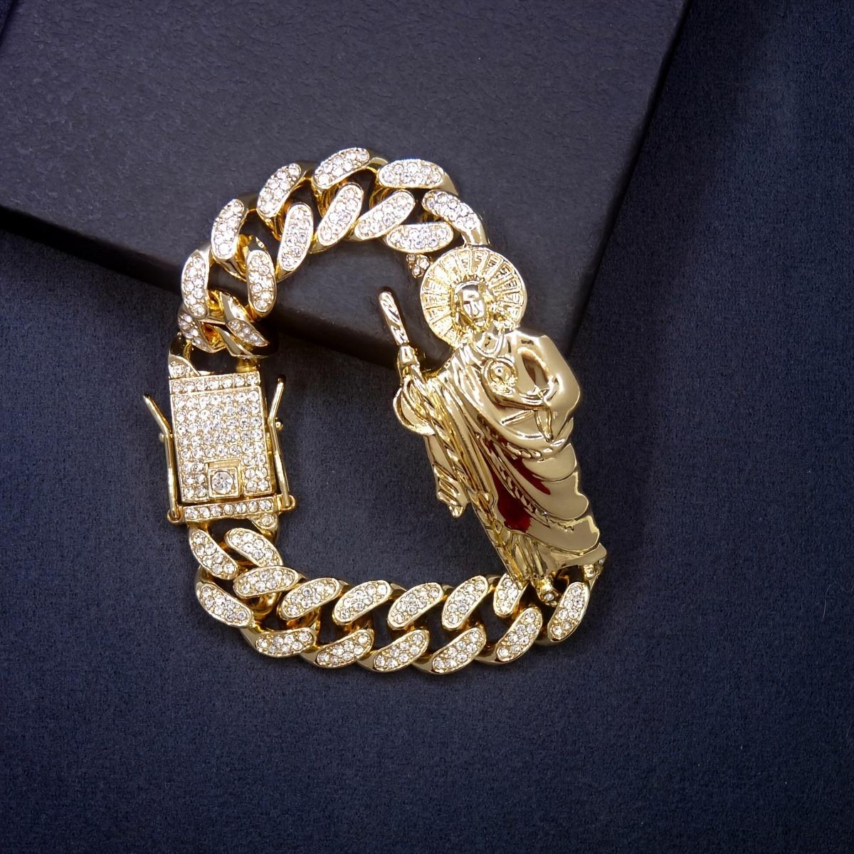 

A Fashionable Zinc Alloy Cuban Chain Bracelet with Glitter Decoration and Shengling Pendant, Non-Magnetic, Non-Coated Jewelry Gift WHITE&20.5cm золотий