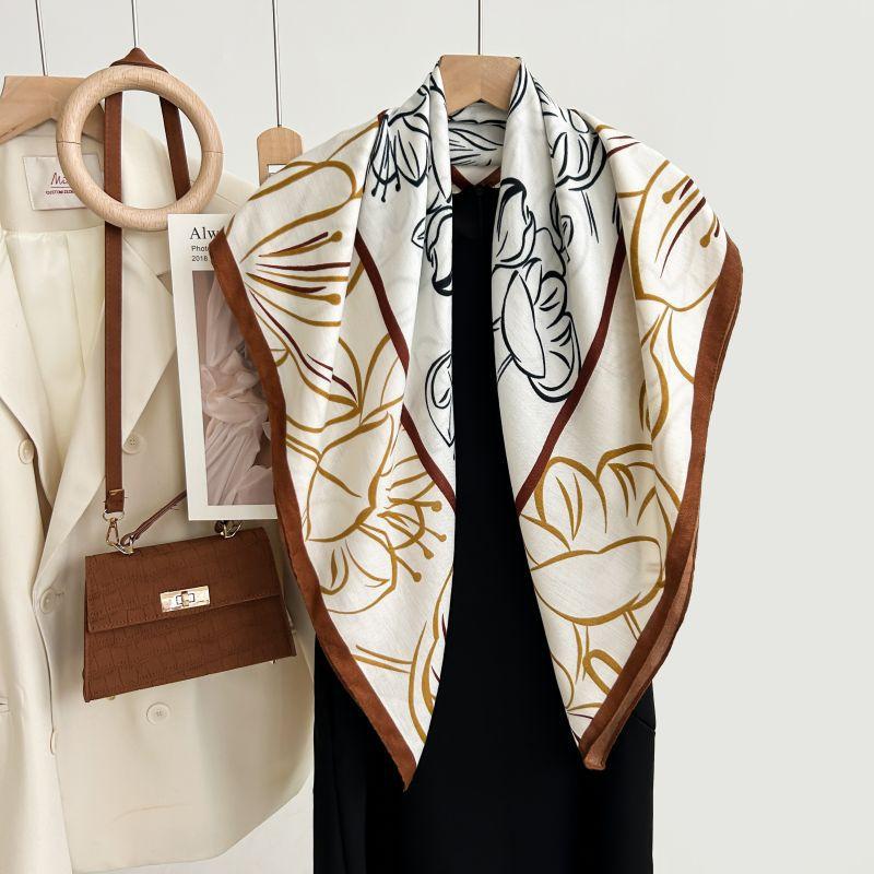 Autumn And Winter White Flower Print Fresh And Elegant 90 Square Scarf Herringbone Shawl Soft Skin-Friendly Warm Scarf