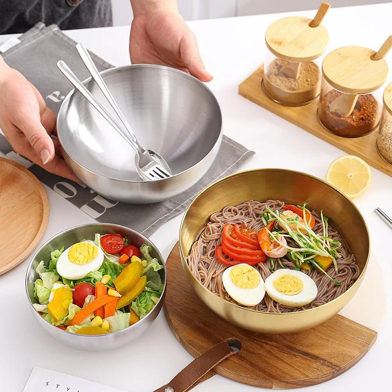 Fruit Salad Bowls Golden Stainless Steel Large Capacity Korean Style Food Container Soup Rice Noodle Kitchen Tableware for Home