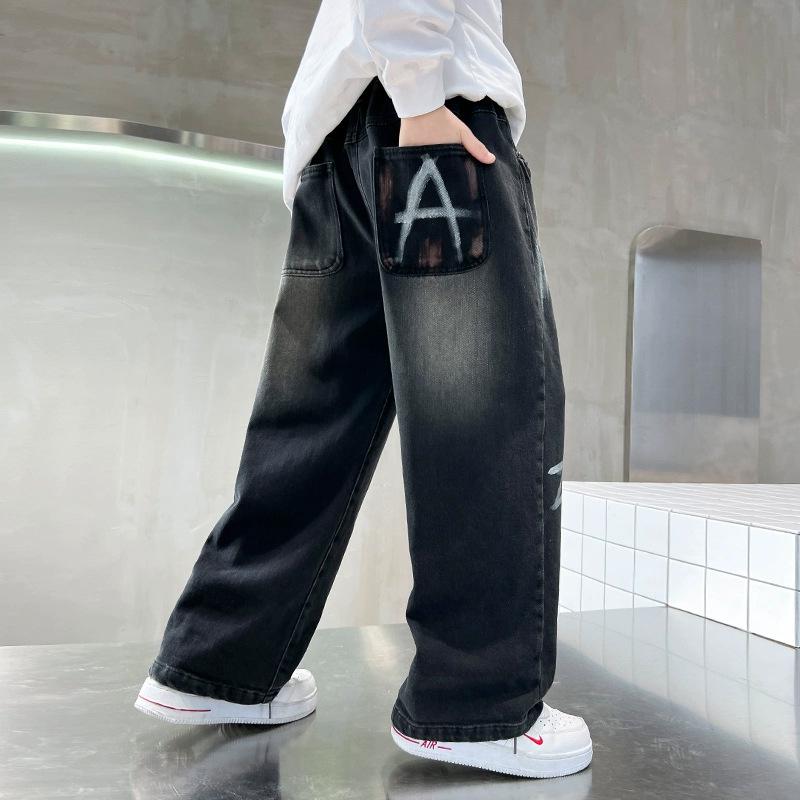 Boys' 2025 Autumn Jeans: Fashionable Wide-Leg Pants for Middle and Big Kids