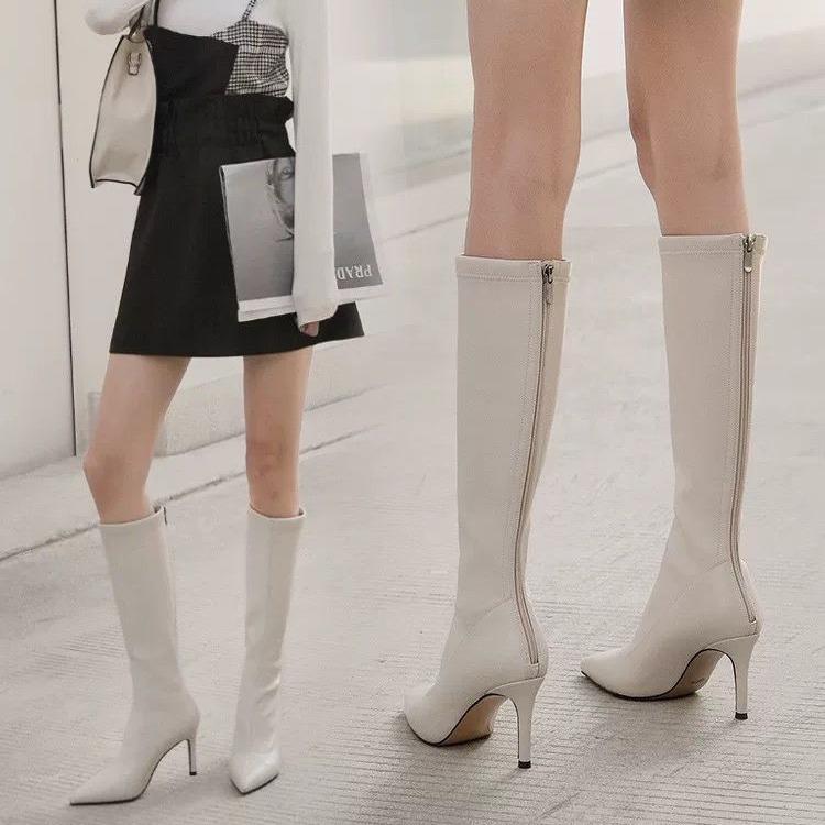 Show long legs! Korean pointed-toed medium tube small elastic boots high-heeled knight boots but knee-thin leather boots women