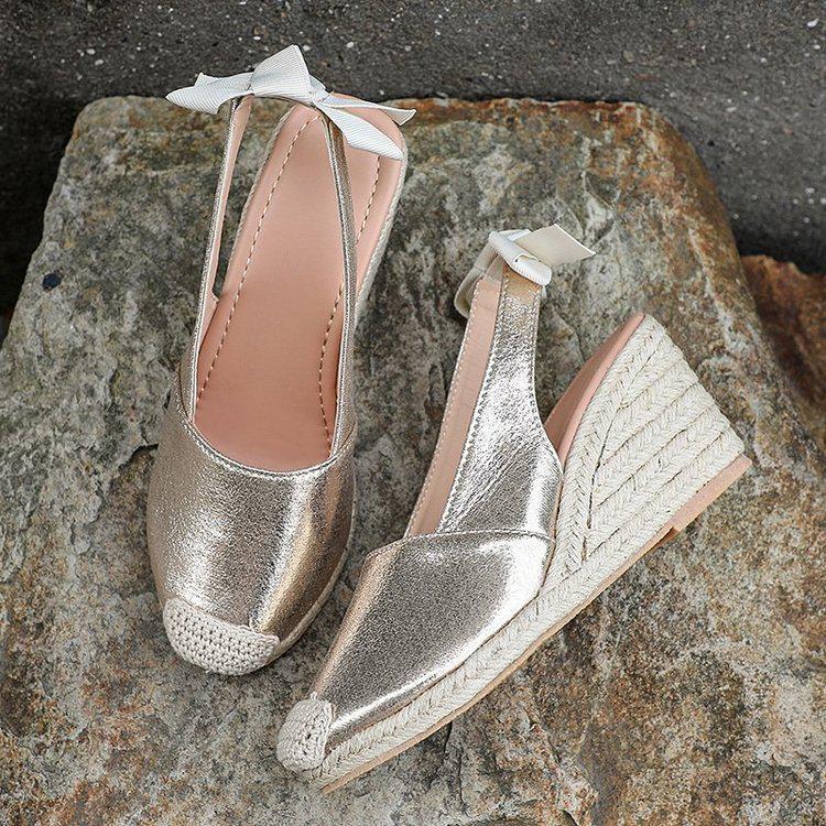 European & American Snakeskin Pattern Jute Wedge Women's Closed-Toe Backless Summer Sandals, Plus Size High Heel Shoes
