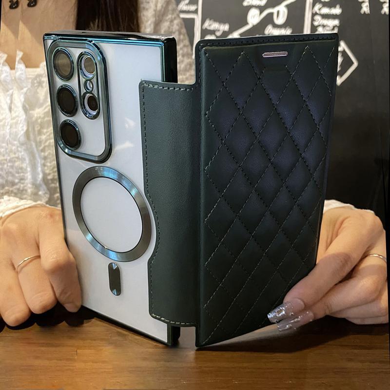 Flip Cover Plating Magnetic Clear Case For Samsung S25 S24 Ultra S23 FE S22 Plus A55 A35 A15 A05S Slot Card Wallet Leather Cases