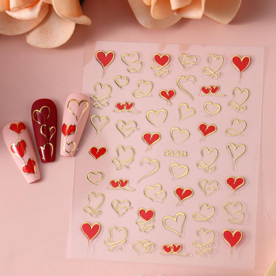 Heart Nail Decals 3D Red Pink Golden Love Design Nail Stickers Adhesive Valentine Sweet Nail Manicure Slider