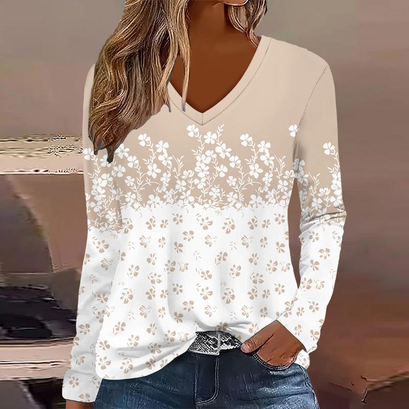 Plus Size European and American Fashion 2025 Women's Elegant V-neck Long Sleeve T-shirt