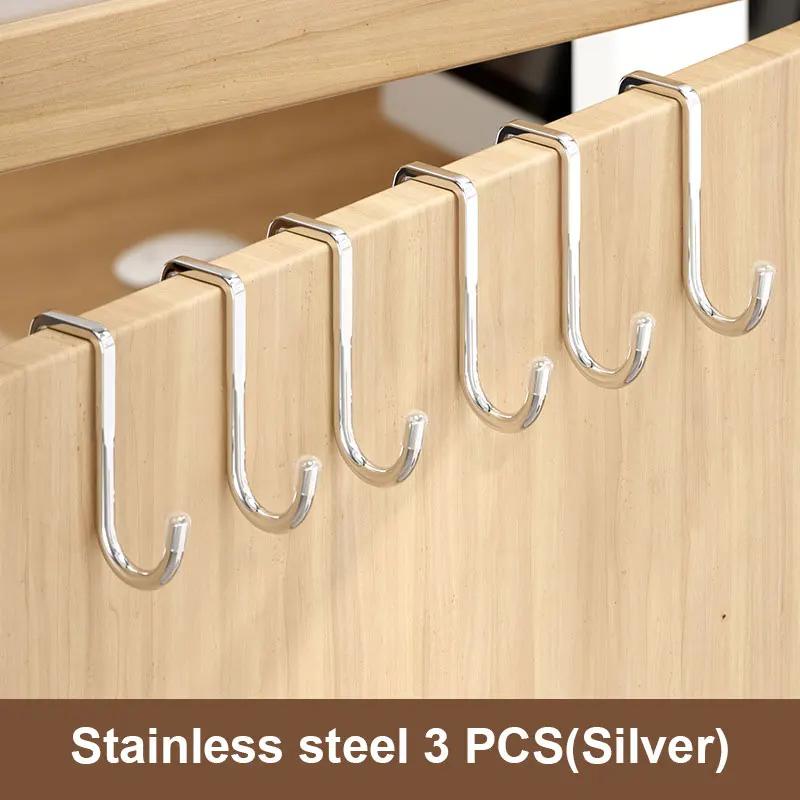 201 Stainless Steel Hook Free Punching Double S-Shape Hook Kitchen Bathroom Cabinet Door Back Type Coat Towel Storage Hanger