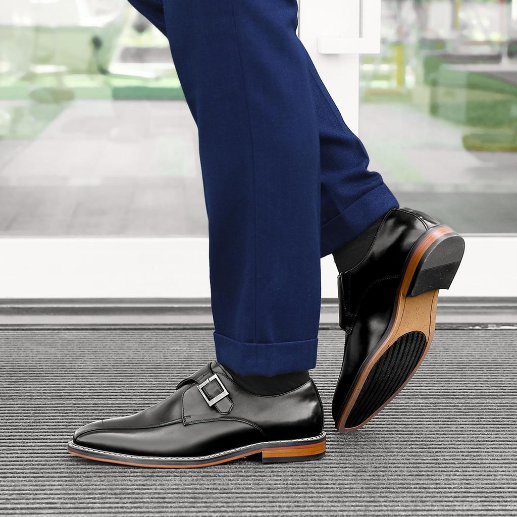 Foxsense Men's Leather Dress Shoes, Genuine Leather, Monk Strap, Straight Tip, Luxury, Lightweight, Waterproof, Formal, Black, Size 26.5cm, C9086-01