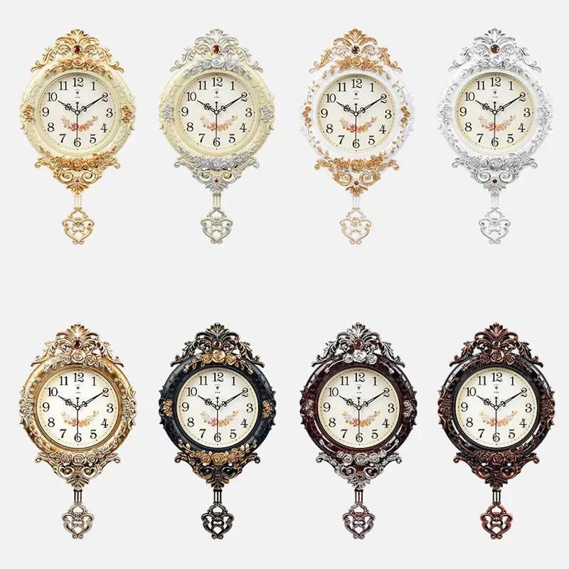 European-style Living Room Decoration Mute Large Wall Clock Wall Sticker Home Decor Bedroom Flower Carving Retro Swing CloI9K3F4