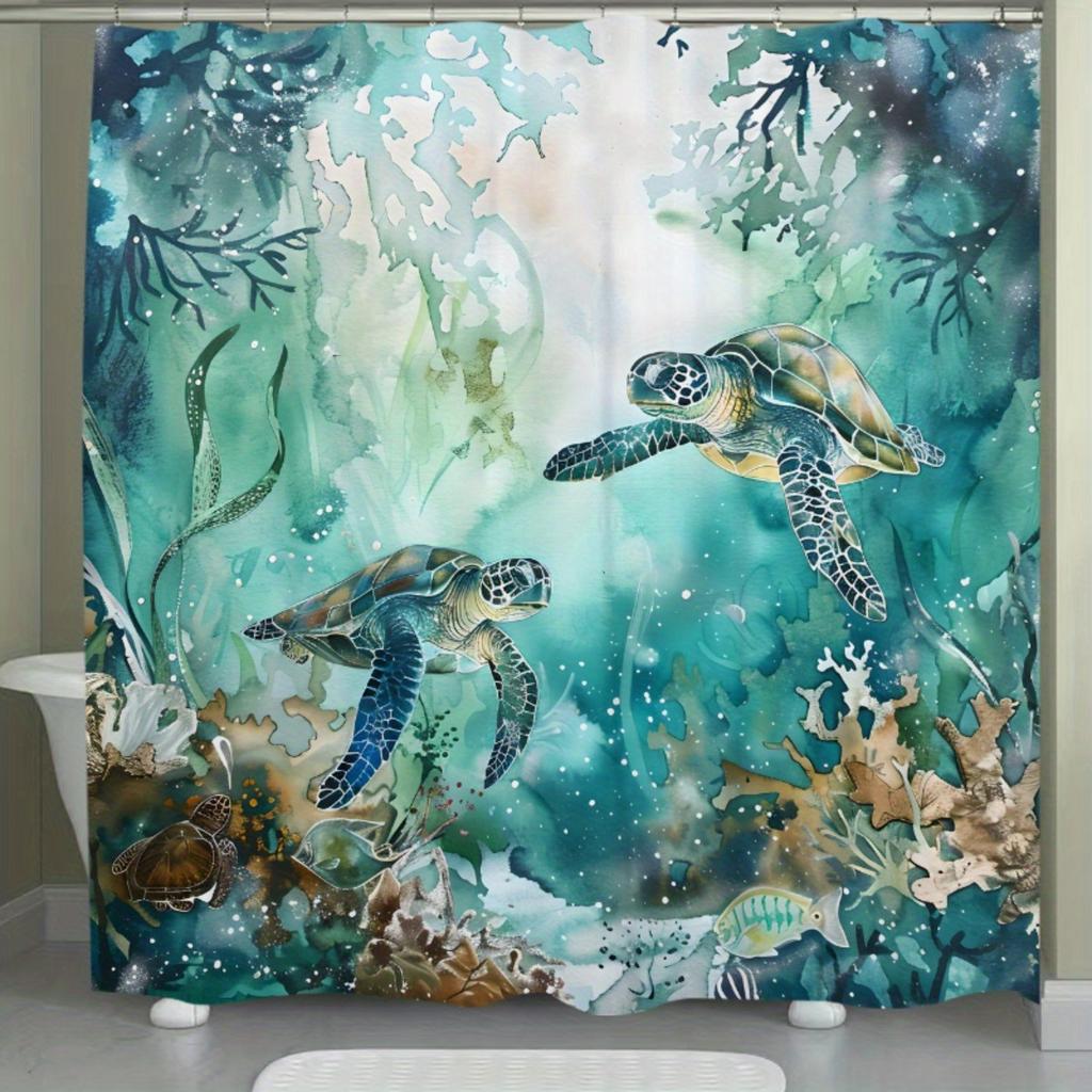Sea Turtles Swimming In Water Artistic Bathroom Shower Curtain - Premium Polyester, No-Drill Hooks, Ultra-Wide Circular Design,