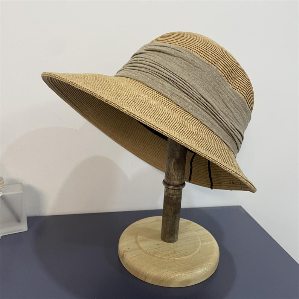 Straw Hat Women's Summer Big Brim Versatile Sunscreen Visor Pleated Seaside Straw Hat Face Covering Sun Hat