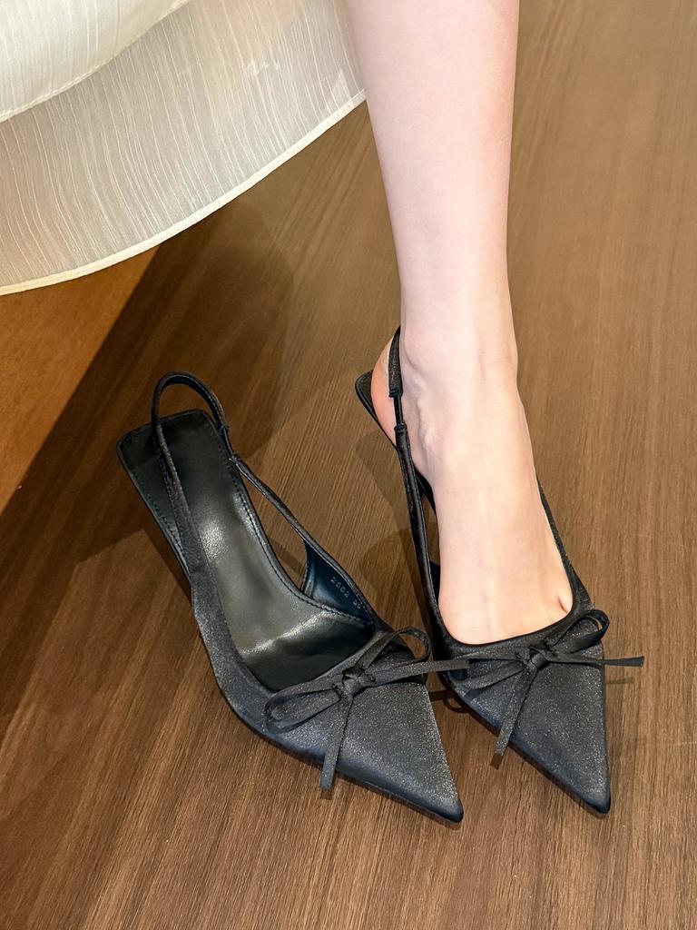 Green wonderland! Satin pointed head bow high heels women's spring light mouth empty sandals
