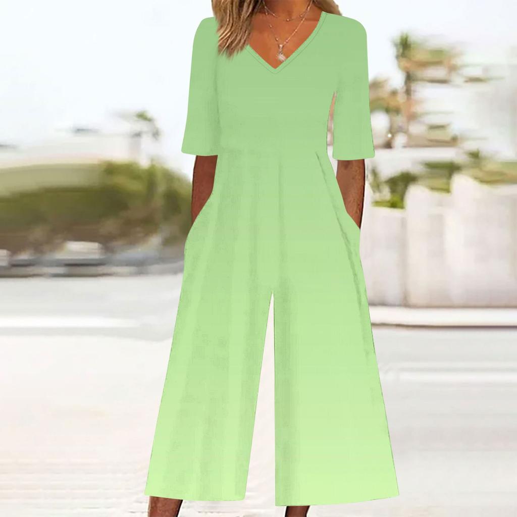 Women's Loose Casual V-Neck Gradient Printed Jumpsuit Slim Fit Wide Leg Jumpsuit