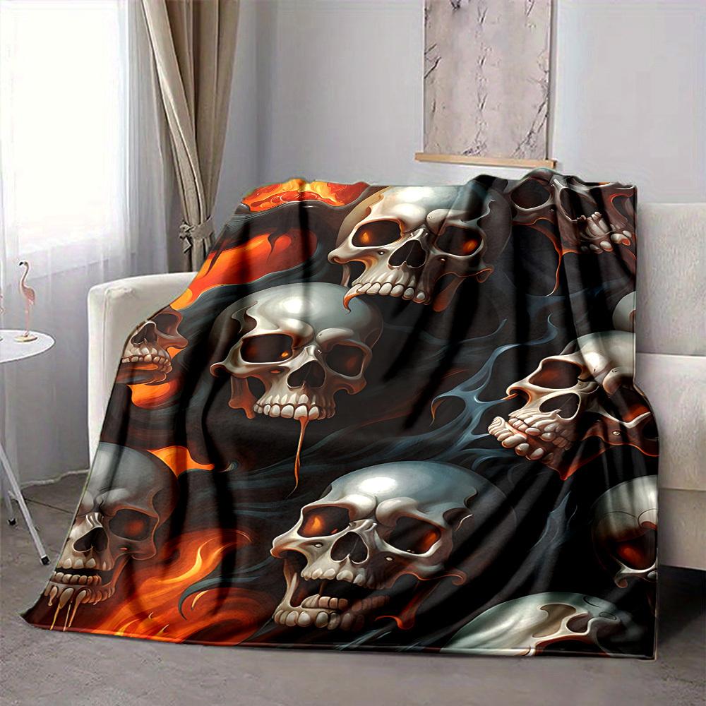 1pc Skulls Flames Lightweight Flannel Blanket, Comfortable and Warm Blanket, for Office and Camping Sofa Bed, Livingroom189