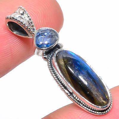 Natural Labradorite,Kyanite 925 Solid Sterling Silver Jewelry Pendant 1.34" S2I54