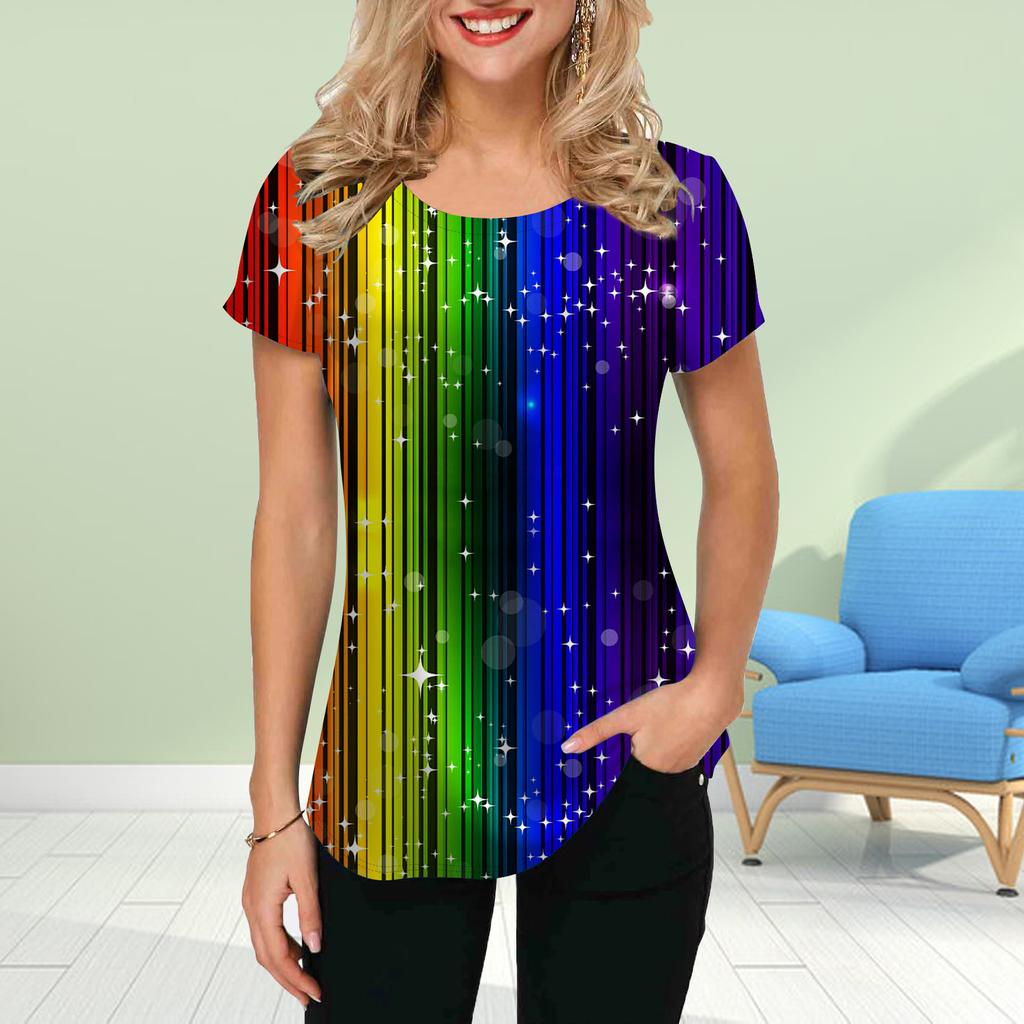 Fashion Women Rainbow Print T Shirt Funny Casual O-neck Short Sleeves T-shirt Summer Female Tee Shirt