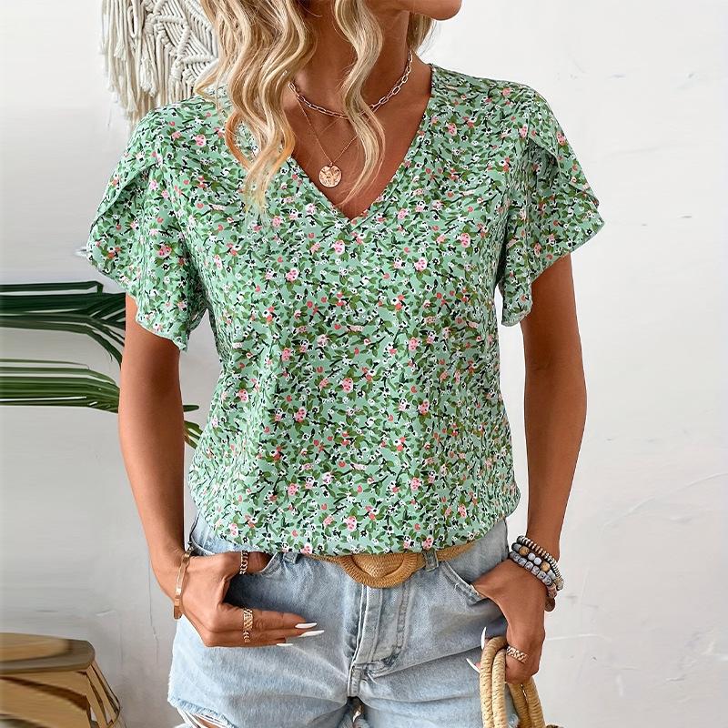 

Beach Style Women Tops V Neck Shirts Short Sleeve 2026 Summer Loose Casual Blouses Puff Pleated Work Blouse Fashion Pullover Top S