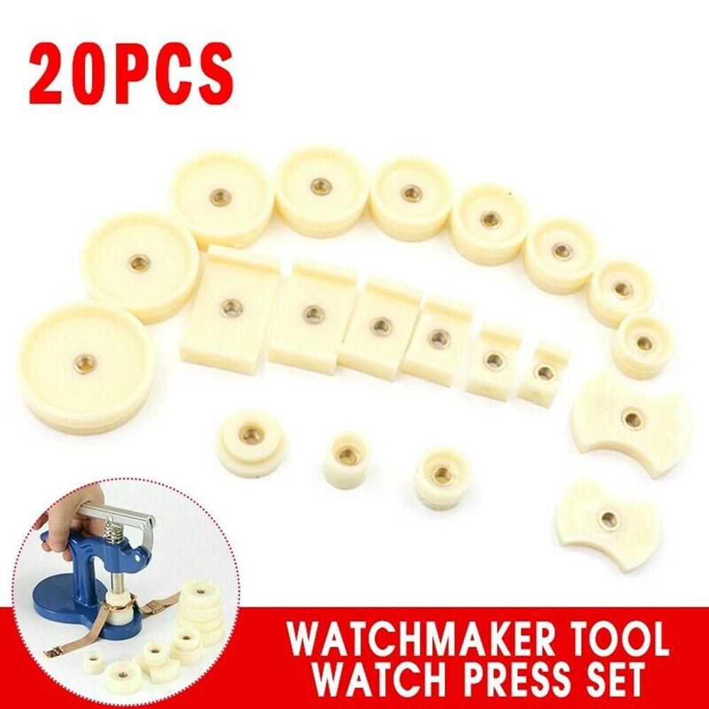 20-Piece Watch Case Closing Tool Set Featuring Round Rectangle and Peltate Dies for Crystal Glass and Back Cover Applications