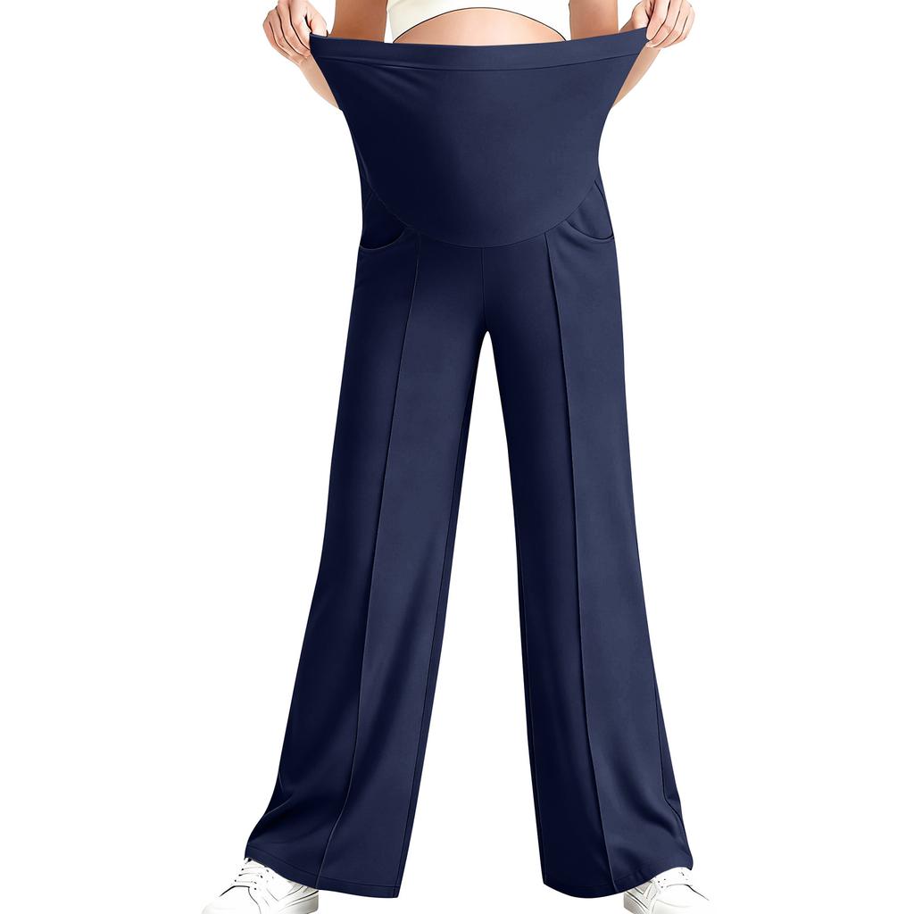 Pantaloni de yoga pentru maternitate, Cu buzunar pe burtă, Pantaloni elastici cu picior larg pentru lucru/casual, Pantaloni lounge pentru maternitate
