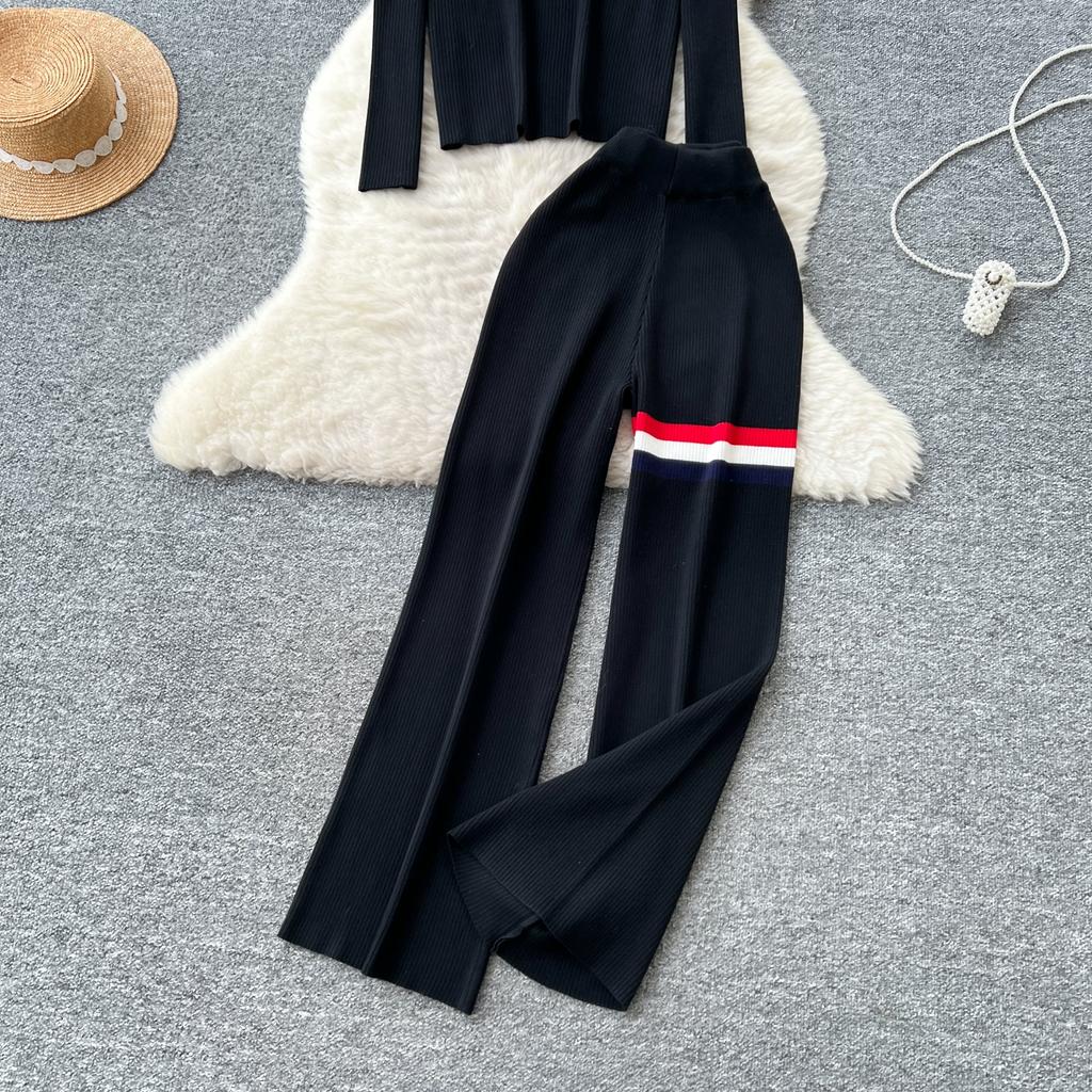 Autumn Winter Women Striped Knitted Sweater Vintage Two Piece Trouser Set V-neck Pullover Tops and Wide Leg Pant Suit