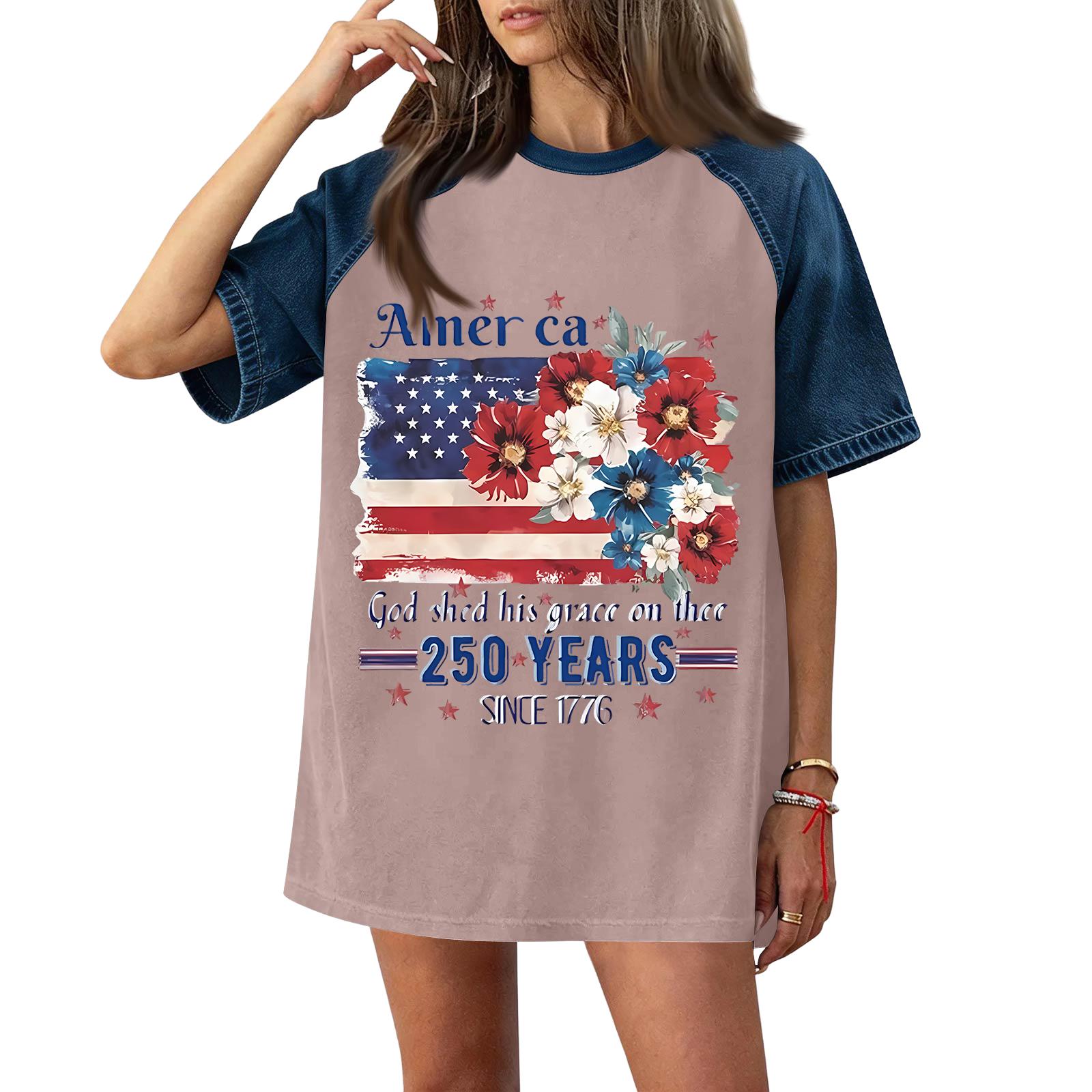 

Women s Casual Short Sleeve T Shirt with Denim Patchwork and 250th Anniversary Independence Day Print Comfortable Loose Fit L рожевий
