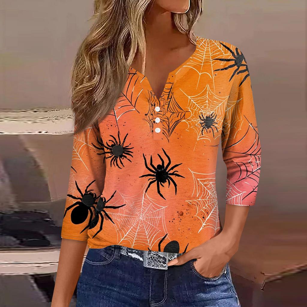 Damen V-Ausschnitt Knopf Halloween Dreiviertelarm T-Shirt Top