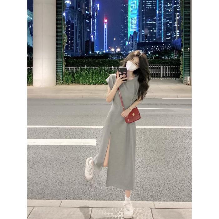 

Grey split-ended T-shirt dress children s temperament summer design sense niche waist slim-fitting short-sleeved casual long dress S серый