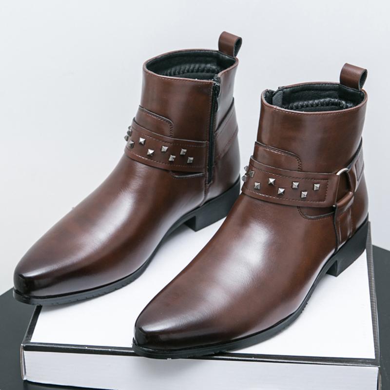 New Fashion Male Pointed Punk Rivet Chelsea Motorcycle Ankle Boots Men Designer Casual High Top Platform Shoes Zapatos Hombre