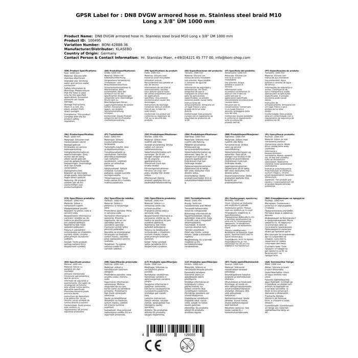 Flexible hydraulique DN8, 1000mm, inox