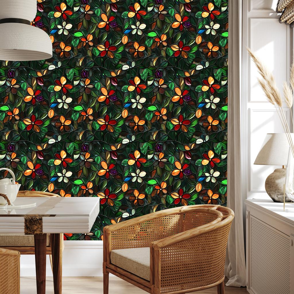 Stained Glass Flowers Wallpaper Bottle Green and Black 50x1000