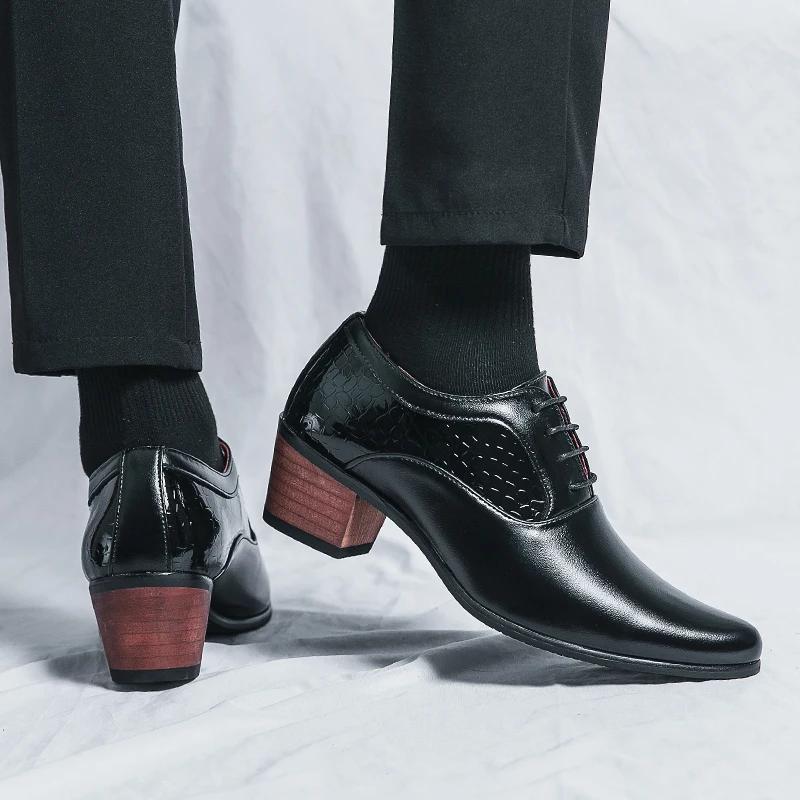 New Male Lace-Up Oxfords Shoes 2026 Leather High Heels Men Club Shoes Classic Pointed Toe Male Casual Shoes New Arrival Men Shoe