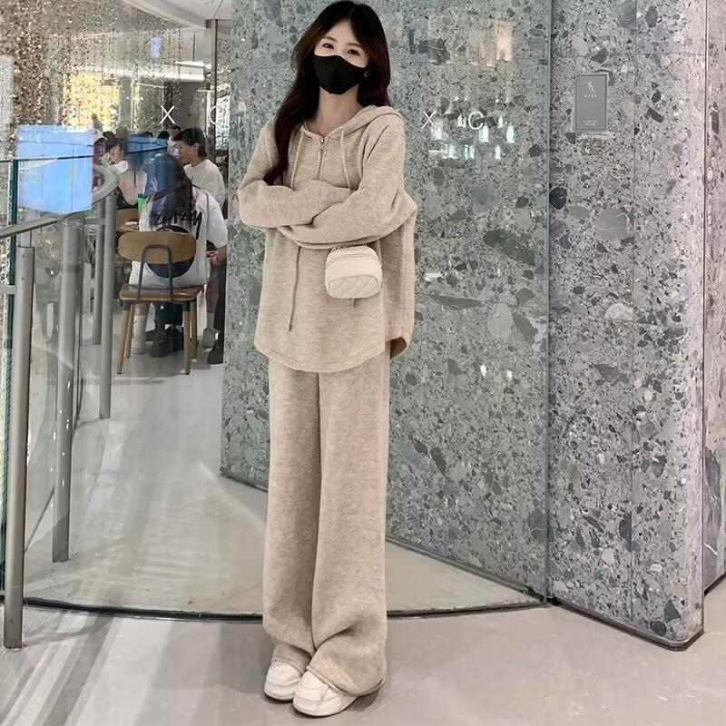 Women 2 Piece Knit Outfit Hoodie Sweatshirt + Wide Leg Pants Set Casual Loungewear Tracksuit