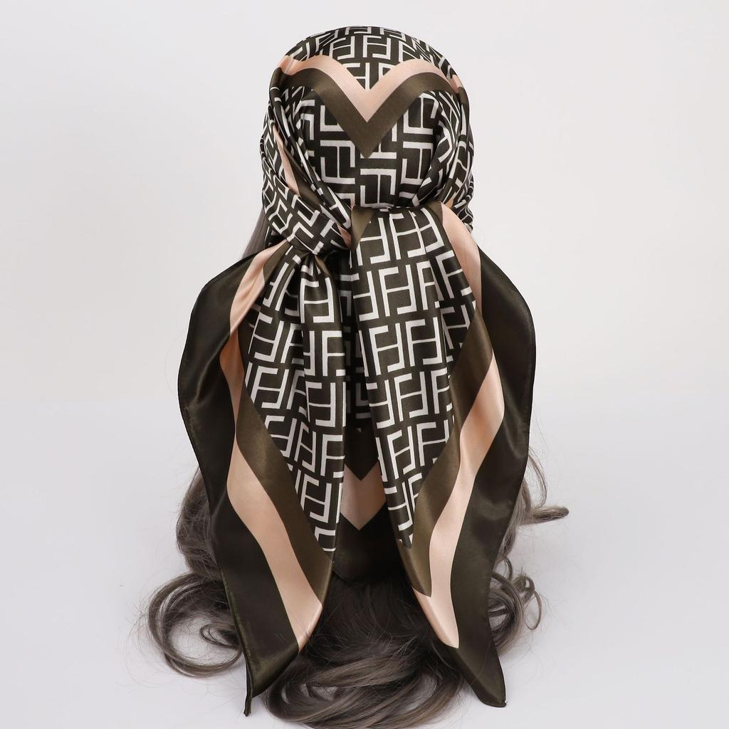 90 * 90Cm Square Scarf, Simulated Silk Scarf, Women'S Headscarf Co Contrasting Color Shawl Stripe Simple
