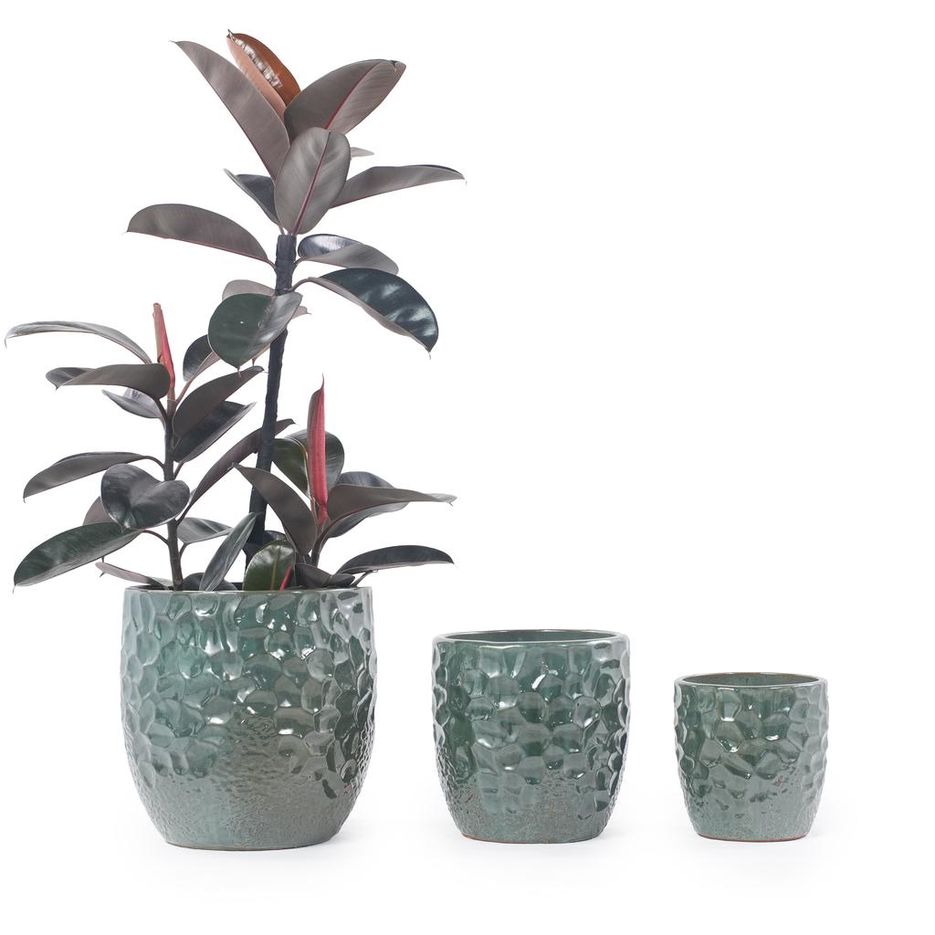 Handcrafted Ceramic Plant Pot diameter 38 cm, Glossy Dark Green with Hammered Relief