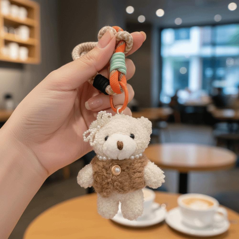 Bow Pearl Plush Bear Keychain Funny Key Ring Lovely Furry Bear Pendant  Bag Key Decor