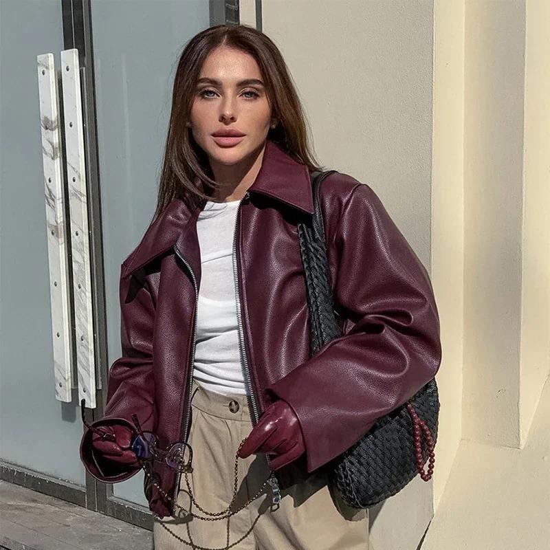 Fashion Bomber Leather Jackets Women Loose Moto Biker Zipper Long Sleeve Harajuku Y2k Coat 2026 Autumn Streetwear Ins Outwear