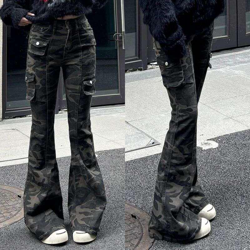 

Women s Retro High Waist Micro-Flare Camouflage Jeans - Slim Fit, Floor-Length, Autumn Style XS
