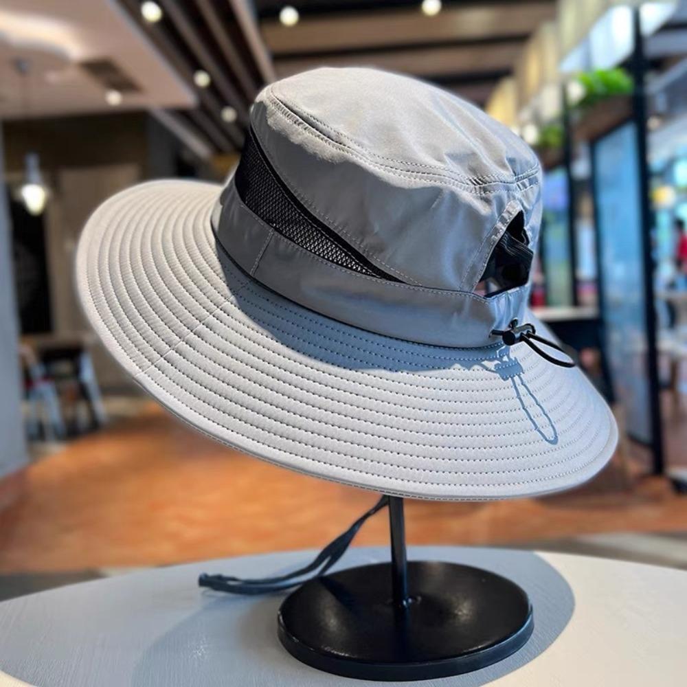 

Drawstring Men Fisherman Hat Wide-Brim Sunshade Sun Hat Simple Quick Drying Hiking Cap Camping серый