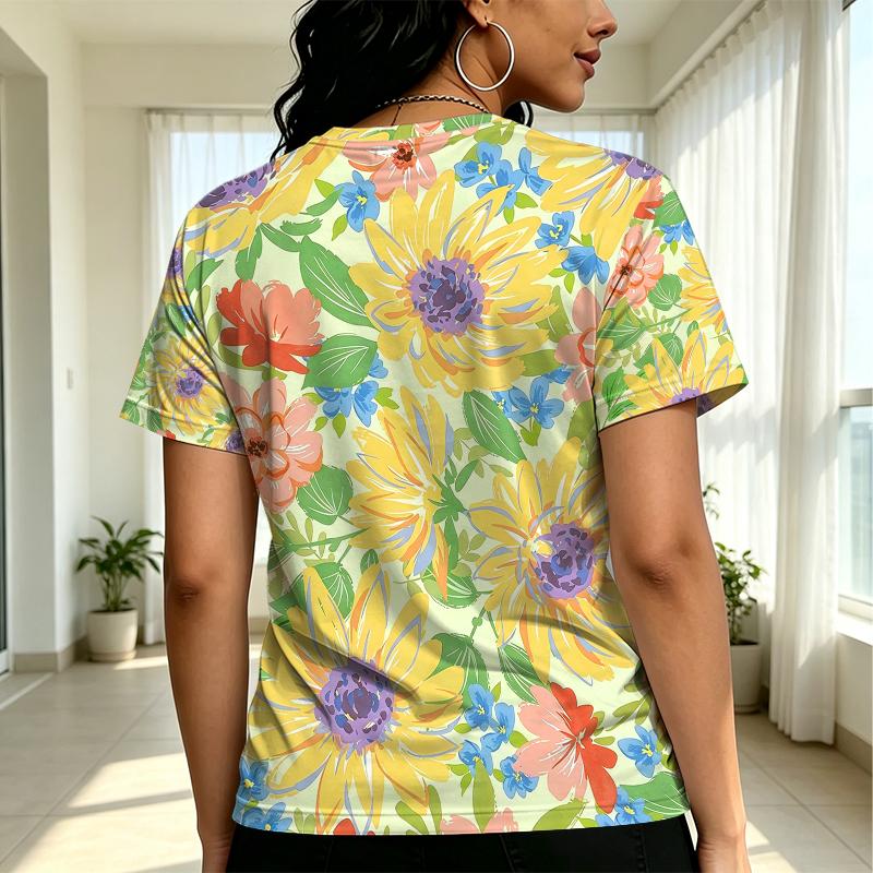 Women's Ins Style Colorful Floral Short Sleeve Top - Soft Fabric Loose Fit Casual Versatile Daily T-Shirt